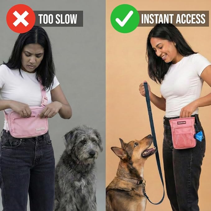 PupSensei Dog Treat Pouch for Training – Magnetic Dog Treat Bag with Belt Clip & Poop Bag Dispenser – Hands Free Carry Pouch with Auto-Close Access & Shoulder Strap – Durable Pet Gear –Light Pink