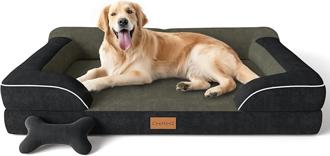 CWAWZ Extra Large Dog Bed, Orthopedic Dog Bed with Cooling Gel Memory Foam, Waterproof XL Pet Bed with Removable Washable Cover, 42" Pet Sofa Couch Dutch Velvet with Bone Toy, Black
