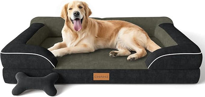 CWAWZ Extra Large Dog Bed, Orthopedic Dog Bed with Cooling Gel Memory Foam, Waterproof XL Pet Bed with Removable Washable Cover, 42" Pet Sofa Couch Dutch Velvet with Bone Toy, Black