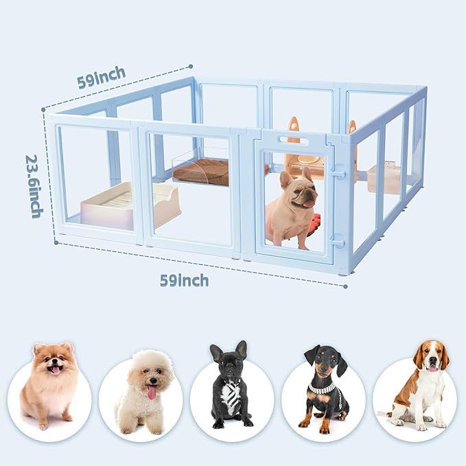 LoveTail DIY Clear Acrylic Dog Playpen House,Quick Easy Assembly and Disassembly,Strong Floor Suction,Indoor and Outdoor Use,Easy Cleansing Puppy Fence (Sky Blue, 23.6" H, 12PCS)