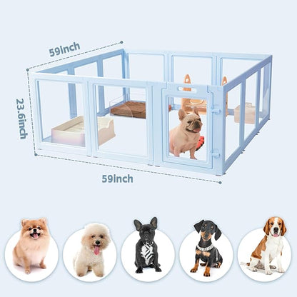 LoveTail DIY Clear Acrylic Dog Playpen House,Quick Easy Assembly and Disassembly,Strong Floor Suction,Indoor and Outdoor Use,Easy Cleansing Puppy Fence (Sky Blue, 23.6" H, 12PCS)