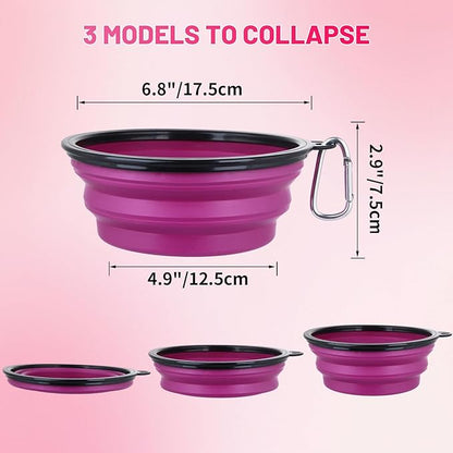 Dog Bowl Large Pet Collapsible Bowls, 2 Pack Collapsible Dog Water Bowls for Cats Dogs, Portable Pet Feeding Watering Dish for Walking Parking Traveling with 2 Carabiners (Large, Pink+Purple)