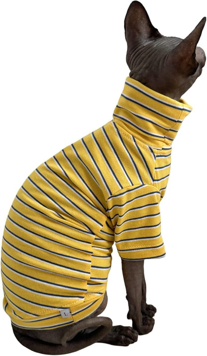 Vintage Stripes Sphynx Hairless Cats Shirt Cotton Cat Turtleneck Pet Clothes Kitten T-Shirts with Sleeves for Sphynx Cornish Rex, Devon Rex, Peterbald (Yellow Stripe, Medium (Pack of 1))