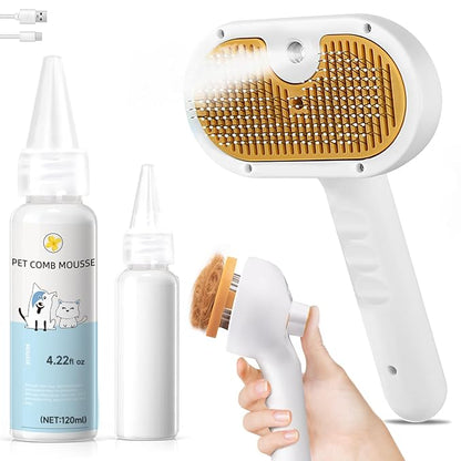 Pet Steam Brush Dog Cat 2025 New Grooming Comb for Shedding, Floating Hair, Smooth & Detangling, Gentle Cool Mist Softens Hair Reduces Static Helps Pets Who Dislike Bathing,Includes Waterless Shampoo