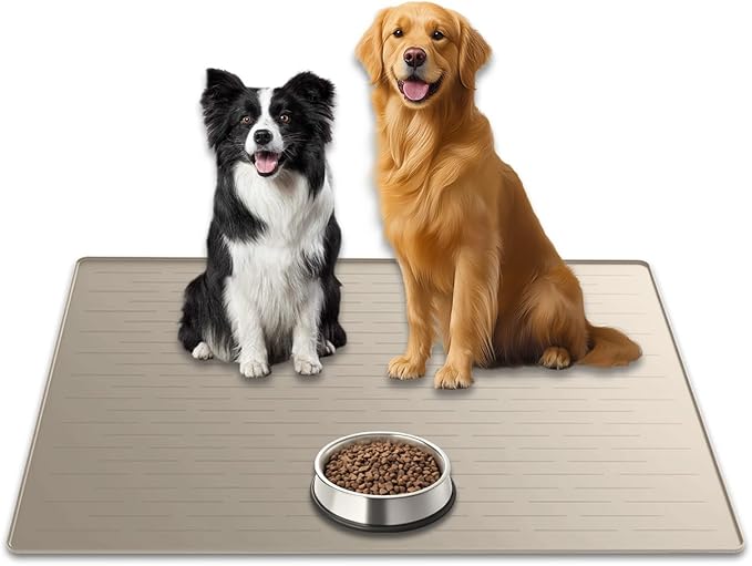 31.8"x23.8" Extra Large Pet Food Mat, Silicone Dog Mats for Food and Water, XL Nonslip Pet Feeding Mats for Floors,Dog Cat Bowl Mat with Raised Edges, Beige