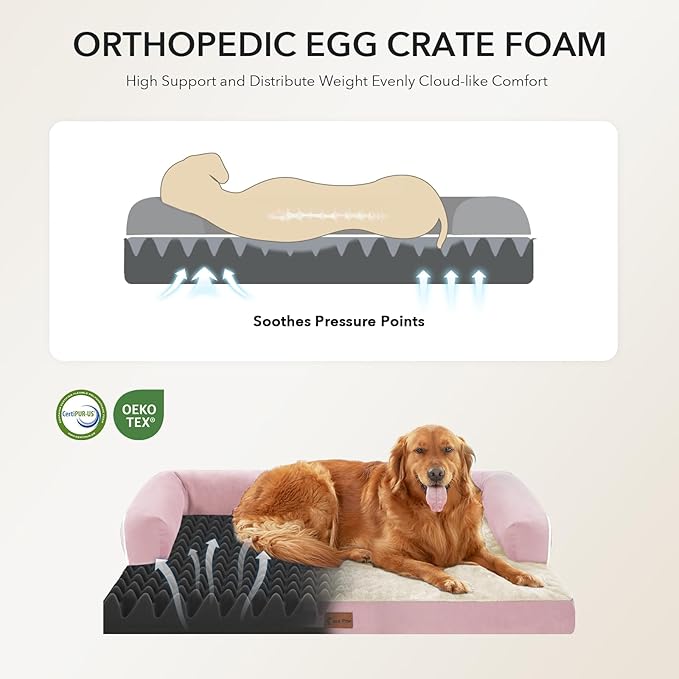 Casa Paw Orthopedic Dog Beds for Extra Large Dogs, Waterproof Egg Crate Foam XL Dog Bed with Sides 45x35Inch, Big Dogs Couch Beds with Removable Washable Cover and Nonskid Bottom, Pink