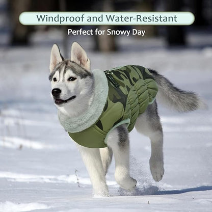 Lelepet Dog Coat Warm Dog Winter Coat Waterproof Dogs Jacket with Harness Built in Reflective Pet Fleece Vest Zip-Up Cold Weather Coats for Large Dogs Turtleneck Windproof Coats Pitbull Green Camo 2XL
