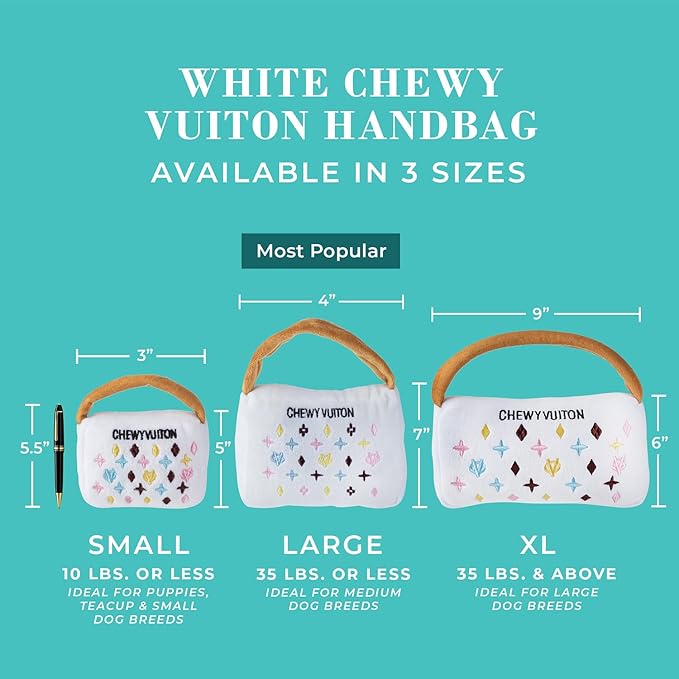 Haute Diggity Dog White Chewy Vuiton Handbag, Plush Designer Dog Toys with Interactive Squeaker, Stimulating Pet Enrichment, Machine-Washable & Safe Materials for All Breeds, Size Large