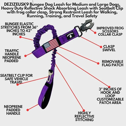Heavy Duty Bungee Dog Leash - Shock Absorbing, Seat Belt Clip, Quick Release Frog Clasp, Double Padded Handles, for Large and Medium Dogs, Durable for Training, Walking, Car Safety, Outdoor Adventure