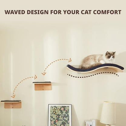 LIORCE Cat Wall Shelf with Two Steps - Wave Cat Shelves and Perches for Wall - Wall Mounted Cats Furniture for Sleeping, Playing, Climbing, and Lounging