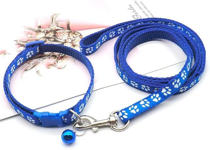 Dark Blue Puppy Dog Collar Leash Set, Nylon Basic Reflective Cat Collar Paw Print for XXS Xs Small Dog Pet Animal Tiny Kitten Boy Girls