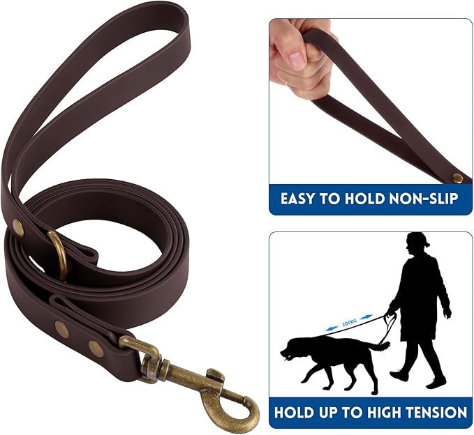 Wisedog Dog Collar and Leash Set, Waterproof Adjustable Puppy Collars with Cute Tag 5FT Dog Leash with Poop Bag for Small Medium Large Dogs (M, Brown)