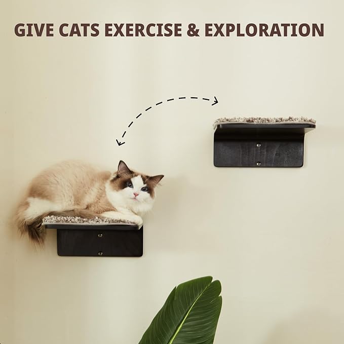 LIORCE 2 Set Cat Wall Steps - Wooden Cat Climbing Shelf for Wall - Cats Wall Stairs with Scratching Mat - Wall Mounted Cats Furniture for Jumping, Playing, and Lounging, Walnut