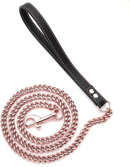 Rose Gold Dog Leash 11mm Cuban Link Chain Dog Leash Durable Stainless Steel Metal with Leather Handle for Small Medium Large Dogs 3FT/4FT/5FT(11mm,4ft)…