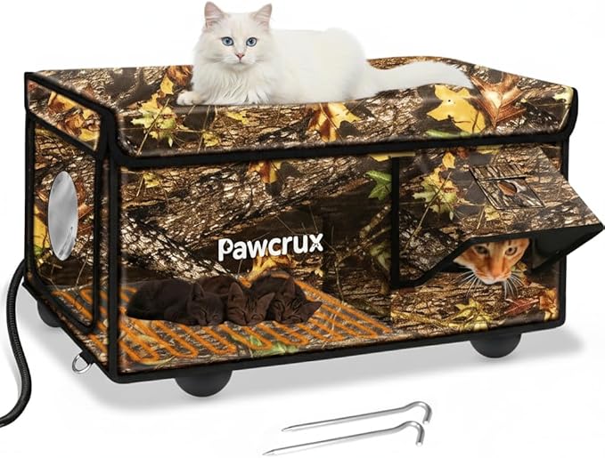 Heated Cat House for Outside with Dual Doors, Insulated Cat House Outdoor with Heating Pad, Weatherproof Heated Outdoor Cats Houses Weatherproof for Feral Cats (Leaf, 25.5" L x 16" W x 14" H)