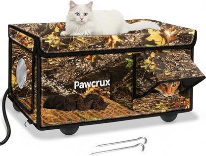 Heated Cat House for Outside with Dual Doors, Insulated Cat House Outdoor with Heating Pad, Weatherproof Heated Outdoor Cats Houses Weatherproof for Feral Cats (Leaf, 25.5" L x 16" W x 14" H)