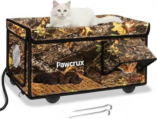 Heated Cat House for Outside with Dual Doors, Insulated Cat House Outdoor with Heating Pad, Weatherproof Heated Outdoor Cats Houses Weatherproof for Feral Cats (Leaf, 25.5" L x 16" W x 14" H)