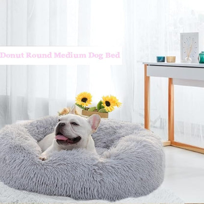 Calming Dog Bed for Medium Dogs Washable Donut 30 inches Anti-Slip Pet Bed,Round Fluffy Plush Faux Fur Cat Bed,Fits up to 45 lbs Pets,Frost Grey