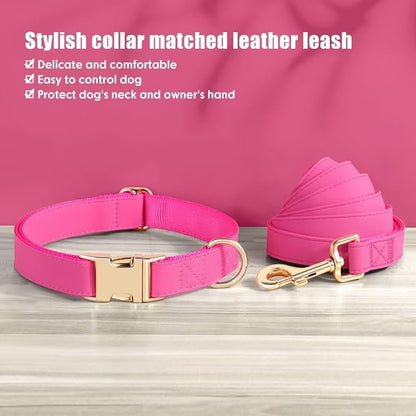 PET ARTIST Soft PU Leather Dog Collar and Leash Set, Bright & Stylish 5FT PU Leather Leash and Collar Set, Durable Pet Collars with Quick Release Metal Buckle for Small Dogs,Hot Pink,S(9"-14")