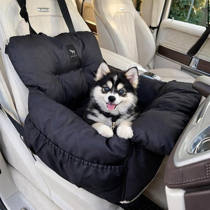 JACKO & CO Premium Dog Car Seat – Safe & Cozy Travel Bed and Carrier for Small Dogs, Puppies, Pets up to 25 lbs, Clip-On Leash & Storage Pockets, Water-Resistant, Machine Washable (Black, Small)