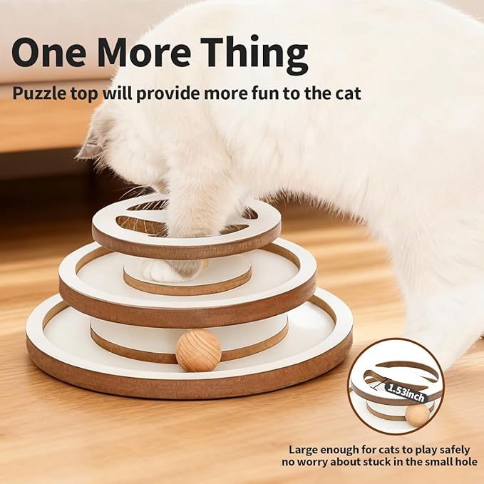 Lulu's world Premium Wooden Cat Ball Track Toy – Modern White & Wood Design – 11-Inch Extra Large Base – Fully Assembled Interactive Puzzle Tower with 2 Balls for Indoor Cats
