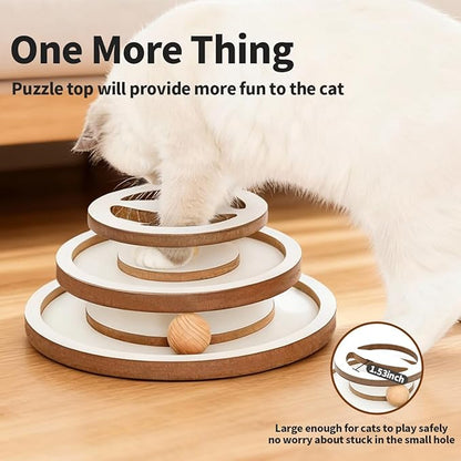 Lulu's world Premium Wooden Cat Ball Track Toy – Modern White & Wood Design – 11-Inch Extra Large Base – Fully Assembled Interactive Puzzle Tower with 2 Balls for Indoor Cats