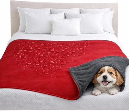 Premium Deluxe - 100% Waterproof Blanket Guarantees to Keep Your Bed Dry! Crinkle-Free Ultra-Soft Fleece Furniture Protector for People Kids Pets. EZ Wash/Dry Red/Grey Reversible 80x60