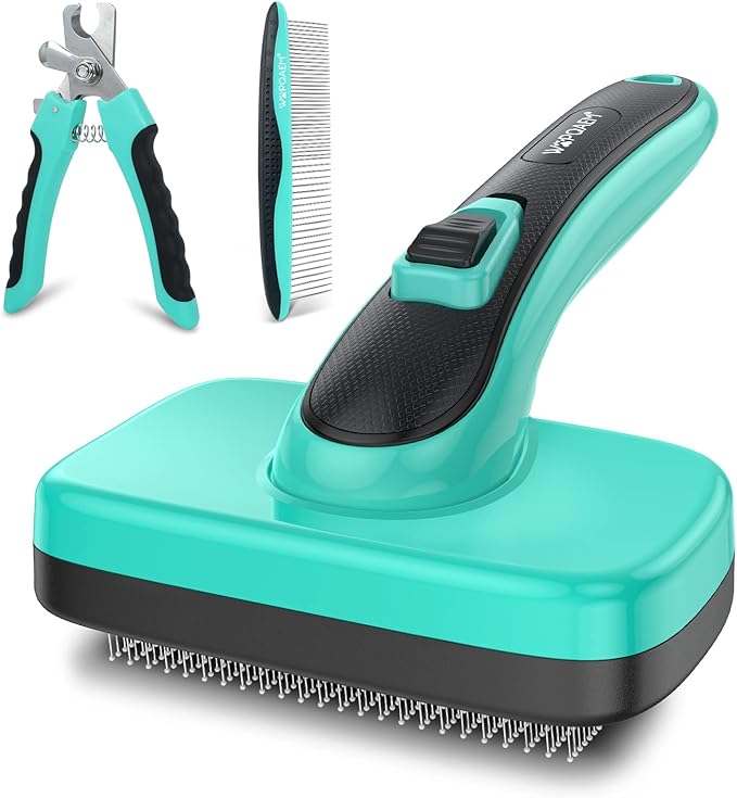 WOPQAEM Dog Brush - 3 Pcs Self Cleaning Slicker Brush & Nail Clippers & Pet Comb for Dogs,Cats and Horses, Skin Friendly Deshedding Grooming Tool whit Short Long Haired Pets