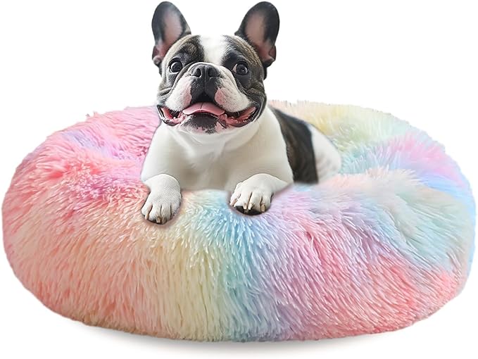 JOLLYVOGUE Calming Dog Bed Medium Size Dog, Anti-Anxiety Donut Medium Pet Bed, 31 inches Fluffy Faux Fur Round Cat Bed, Fits up to 45 lbs Pets (Rainbow)