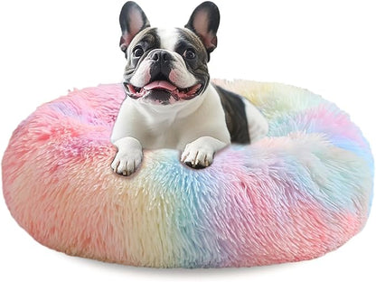 JOLLYVOGUE Calming Dog Bed Medium Size Dog, Anti-Anxiety Donut Medium Pet Bed, 31 inches Fluffy Faux Fur Round Cat Bed, Fits up to 45 lbs Pets (Rainbow)