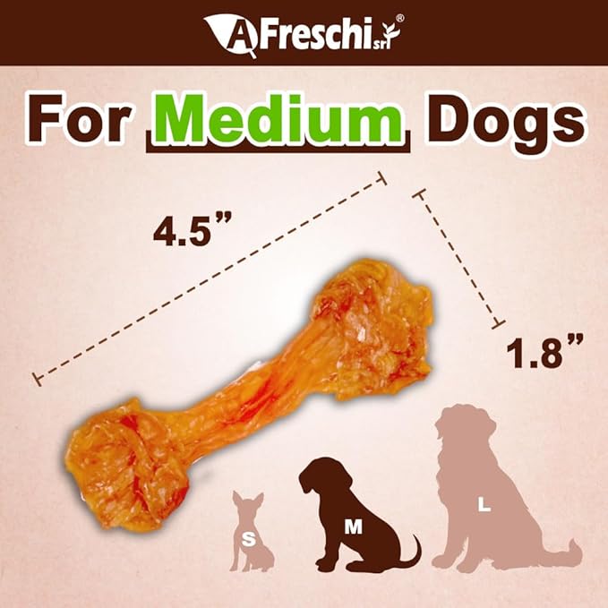 A Freschi srl Turkey Tendon of Dog Bones Shape, USA-Sourced, Limited-Ingredient, Rawhide-Free, Long-Lasting, All-Natural Dog Treats for Medium Dogs, 20 Count Box (M)