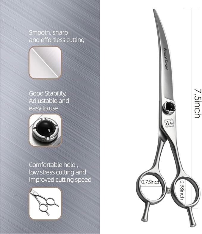 Fenice Totem Dog Grooming Scissors: 7.5 inch Pet Curved Shears Made Of Japanese 9CR Advanced Stainless Steel Professional Grooming Scissors for Dogs Cats and Other Pets