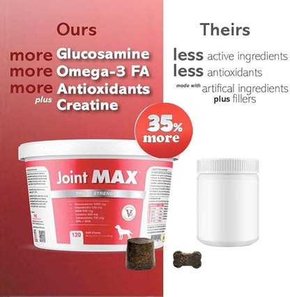 Joint Max TS Joint Supplement Vet Formulated Pain & Inflammation Relief Treats Hip Dysplasia & Arthritis, Glucosamine, Chondroitin, Turmeric, MSM, HA, Creatine, Omega 3 EPA + DHA.120 Soft Chews