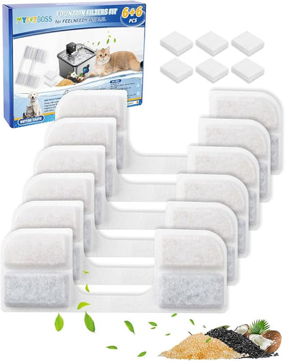 MyfatBOSS 6 + 6 Pack Cat Fountain Filter Replacement Compatible with FEELNEEDY Cat Water Fountain FN-W17 3.2L/ 108oz, Cat Water Filter, Pet Fountain Filter Replacement, Replacement Filters and Sponges