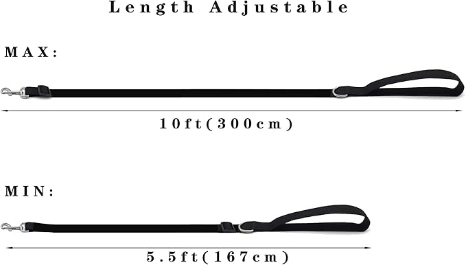 10FT Adjustable Dog Leash, Nylon Dog Leashes for Medium Large Dogs (Black)