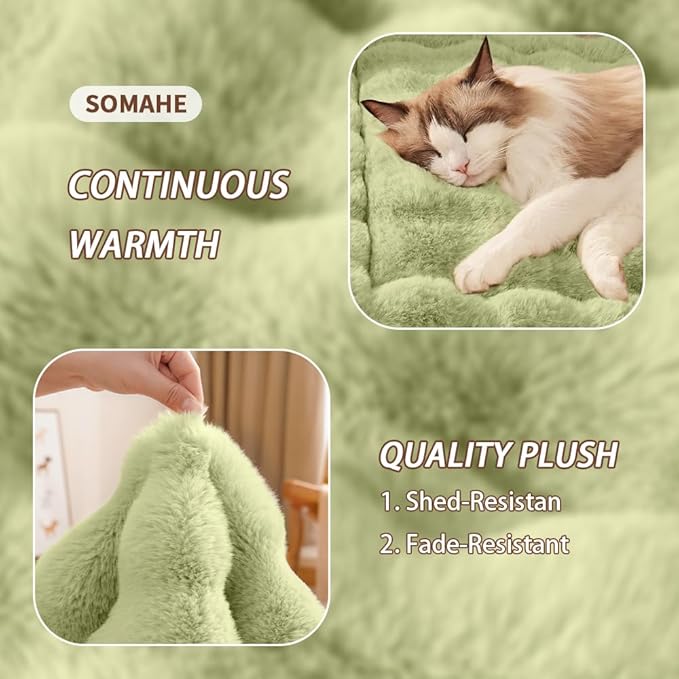 SOMAHE Self-Warming Cat Bed, Plush Faux Fur Pet Bed Mat with Anti-Slip Bottom, Ultra Soft Heated Pad for Cats & Kittens, Cozy Fluffy Bed for Window & Sills Couches, Machine Washable, 23x15 Inch Green