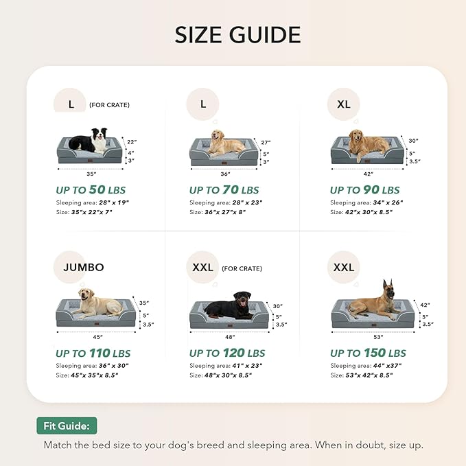 Casa Paw Orthopedic XL Dog Beds, Waterproof Memory Foam Big Bolster Pet Bed for Extra Large Sized Dogs 45x35Inch, Non-Slip Bottom and Egg-Crate Foam Dog Couch Bed with Washable Removable Cover, Grey