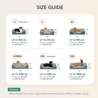 Casa Paw Orthopedic XL Dog Beds, Waterproof Memory Foam Big Bolster Pet Bed for Extra Large Sized Dogs 45x35Inch, Non-Slip Bottom and Egg-Crate Foam Dog Couch Bed with Washable Removable Cover, Grey