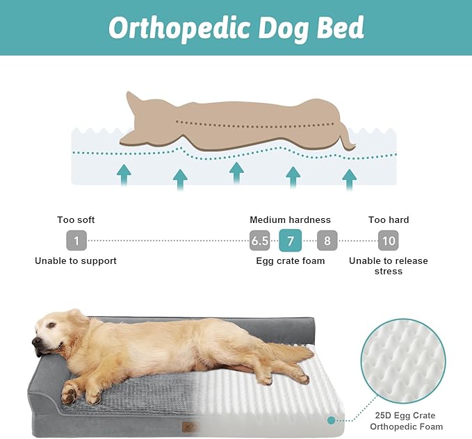 COZY KISS Orthopedic Dog Bed for Large Medium Size Dog, Dogs Crate Bed, L Shaped Foam Anti-Slip Bottom Pet Cat Sofa with Washable Removable Cover, Suitable for Pet Up to 75 lbs, 36x27x6.5 inch, Grey
