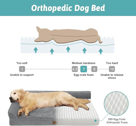 COZY KISS Orthopedic Dog Bed for Extra Large, XXL Dogs Bed, L Shaped Foam Anti-Slip Bottom Giant Pet Cat Sofa with Washable Cover, Suitable for Pet Up to 150 lbs, 48x35x8 inch, Grey ﻿