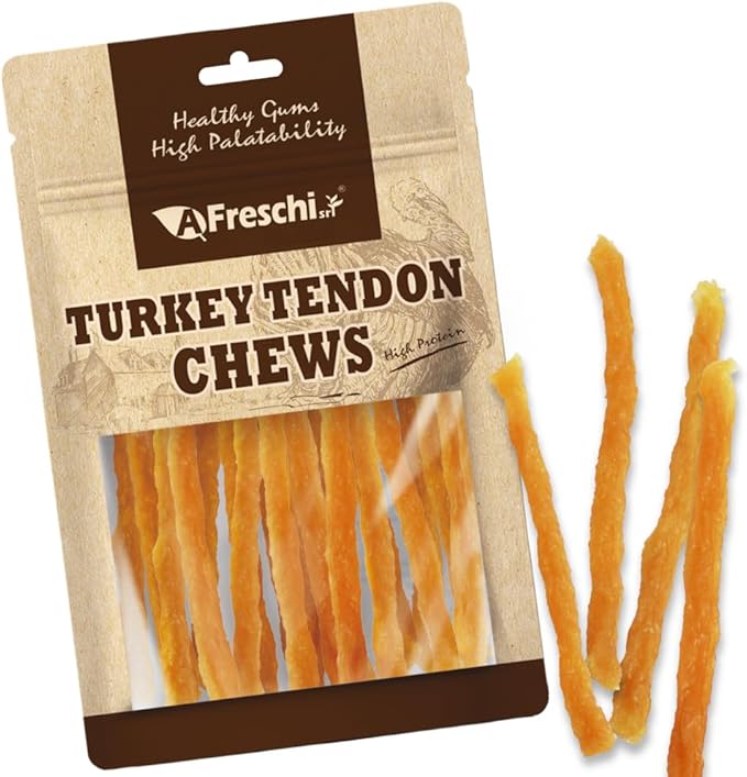 A Freschi srl Turkey Tendons for Dogs, USA-Sourced, Healthy Dog Treats, Rawhide-Free Puppy Chews, All Natural, Hypoallergenic Dog Treats, Soft Strips, 3.5 oz Pack
