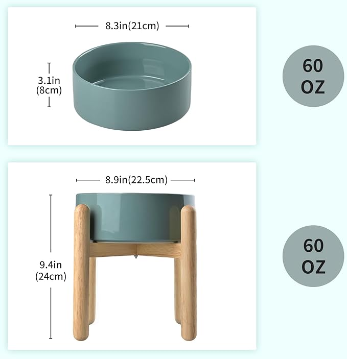 SPUNKYJUNKY Elevated Ceramic Dog Food and Water Bowl with Wooden Stand for Medium and Large Dogs (Single 60OZ, Dark Green)