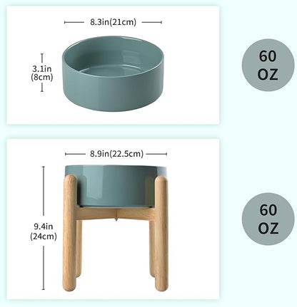 SPUNKYJUNKY Elevated Ceramic Dog Food and Water Bowl with Wooden Stand for Medium and Large Dogs (Single 60OZ, Dark Green)