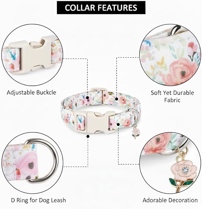 Dog Collar, Floral Girl Dog Collar with Pink Flowers, Cute Spring Summer Pattern for Girls Boys Small Medium Large Dogs, Soft Puppy Collar