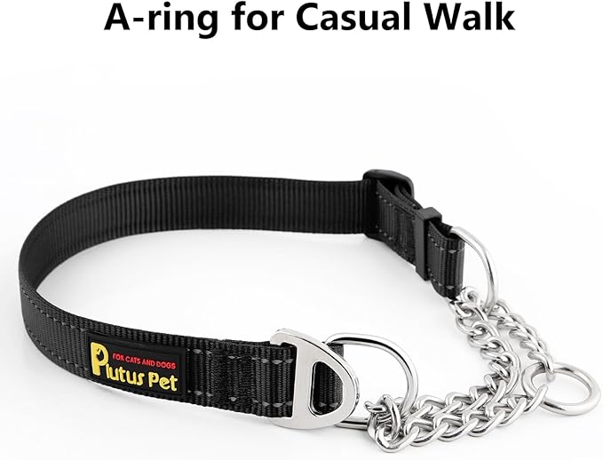 Plutus Pet Martingale Dog Collar with Stainless Steel Chain and Reflective Nylon, Adjustable No Pull Training Collar, for Small Medium, and Large Dogs, Black, M