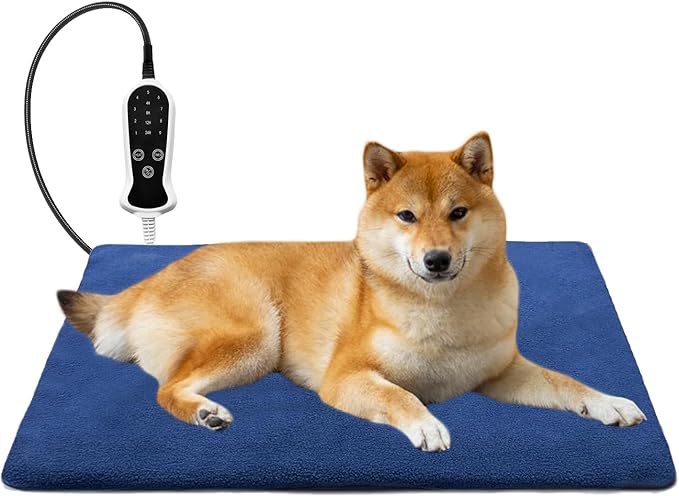 Quwzayail Dog Heating pad, Waterproof Outdoor Heating Pad for Cats Adjustable Thermostat, 9 Gears and time Settings,Chew Resistant Steel Cord(28.0" L x 18.0" W x 0.5" Th, Blue Pattern)