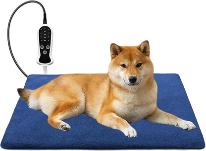Quwzayail Dog Heating pad, Waterproof Outdoor Heating Pad for Cats Adjustable Thermostat, 9 Gears and time Settings,Chew Resistant Steel Cord(28.0" L x 18.0" W x 0.5" Th, Blue Pattern)
