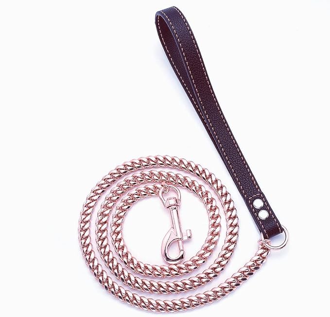 Rose Gold Dog Chain Leash 10MM 14MM Curb Cuban Link Chain Dog Leash Strong Chew Proof Stainless Steel Leash 3FT/4FT/5FT for Small Medium Large Dogs(10mm,4ft)…