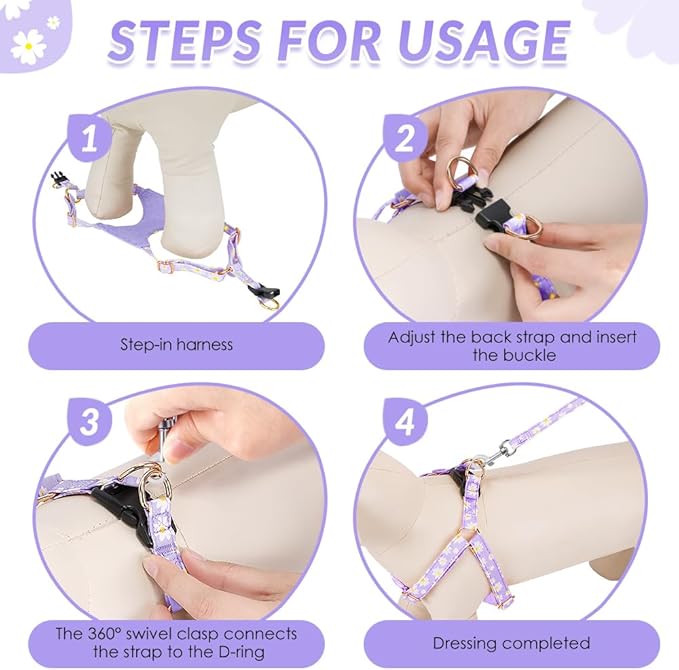 SlowTon Dog Harness Small Sized Dog - Soft XXS Dog Harness and Leash Set No Pull No Chock, Adjustable Lightweight Puppy Harness for XS Small Medium Dogs Cats (Purple Dasiy, XXS)