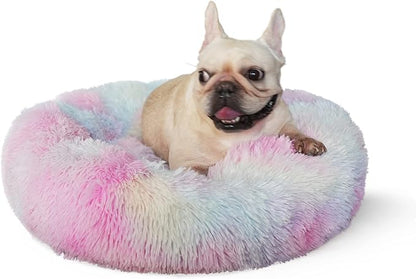 Calming Donut Dogs Beds for Small Dogs Washable,23inch Plush Round Pet Bed for Cozy Sleep,Fluffy Faux Fur Large Cat Bed,Fits up to 25 lbs Pets,Multi Colored